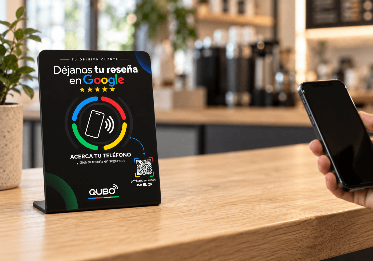 El exhibidor QUBO Tap apoyado en el mostrador de una cafetería. Un cliente se acerca con el teléfono en la mano, todavía apagado